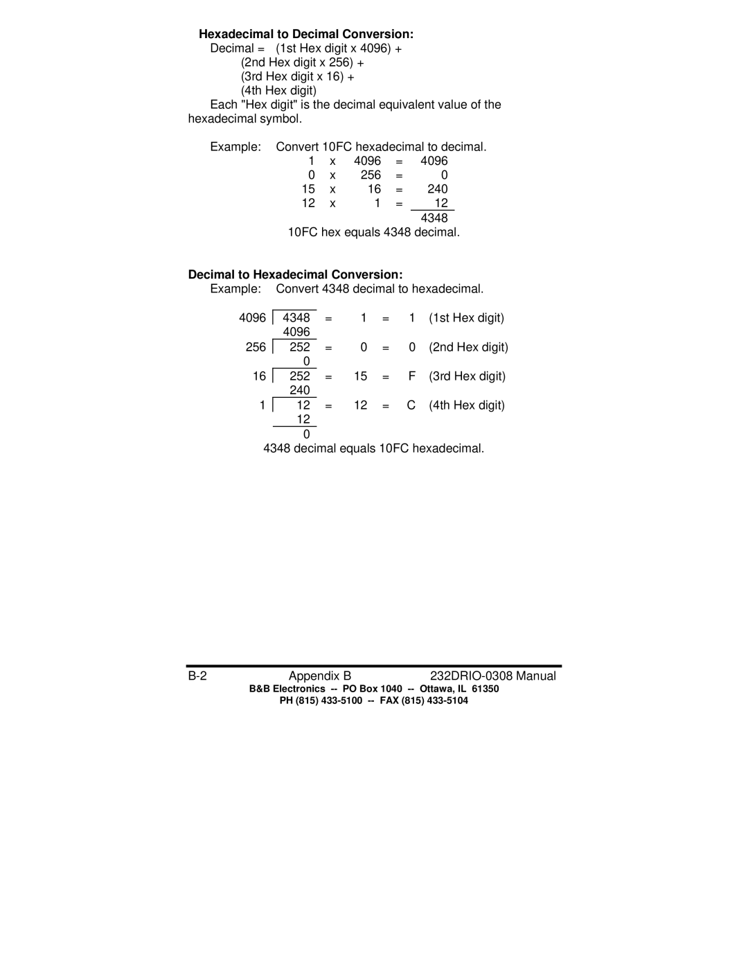 B&B Electronics manual Decimal to Hexadecimal Conversion, Appendix B 232DRIO-0308 Manual 