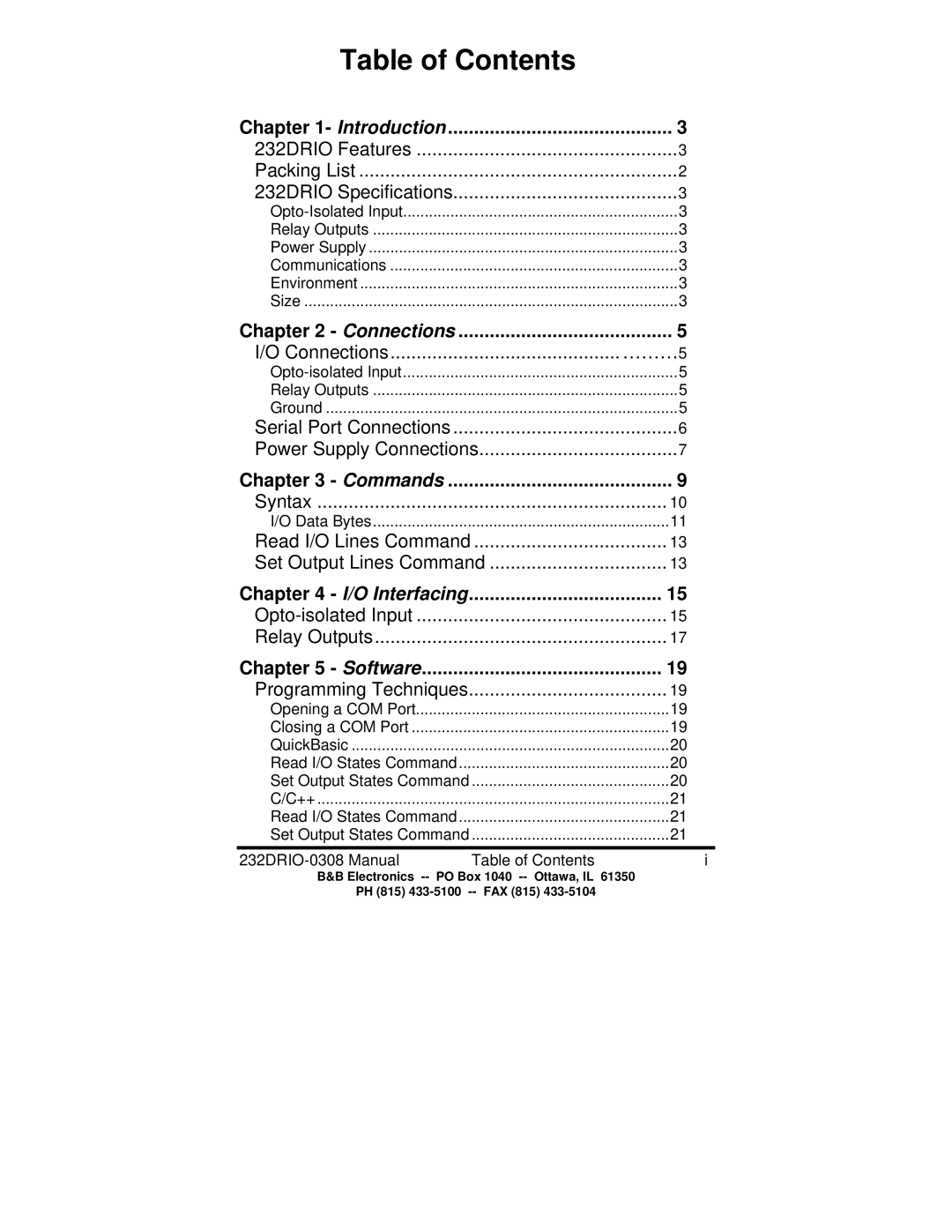 B&B Electronics 232DRIO manual Table of Contents 