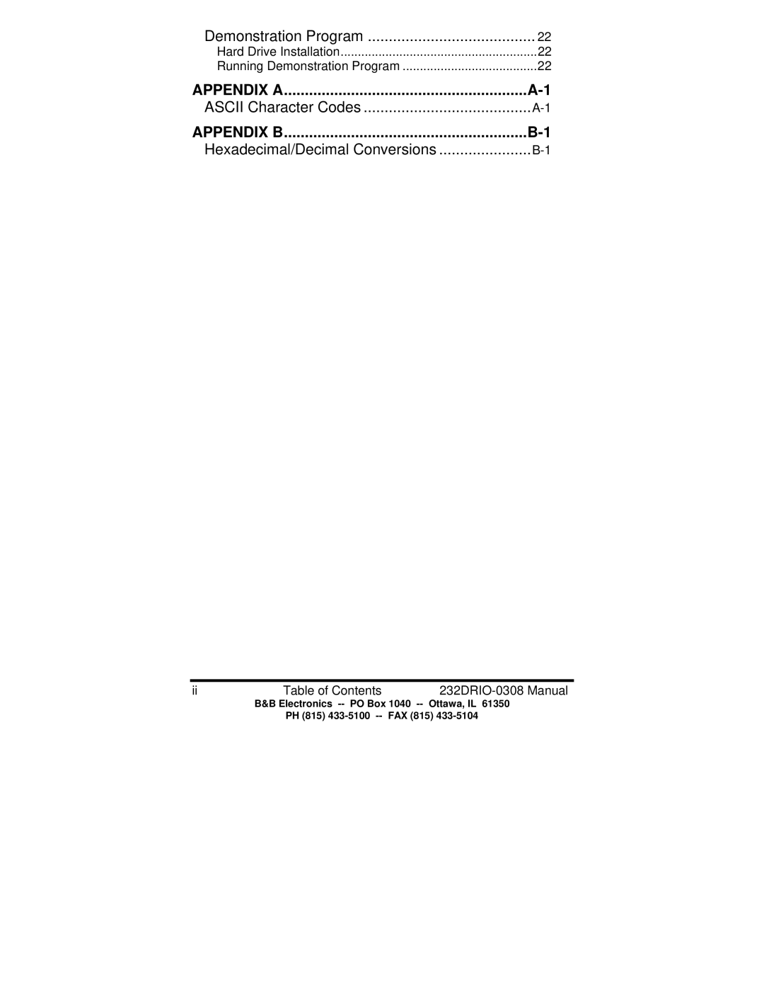 B&B Electronics manual Appendix B, Table of Contents 232DRIO-0308 Manual 