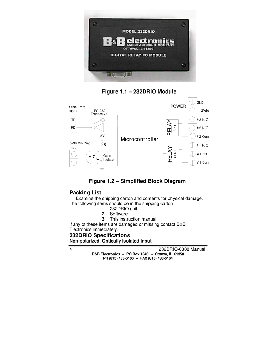 B&B Electronics manual 232DRIO Specifications, Non-polarized, Optically Isolated Input 232DRIO-0308 Manual 