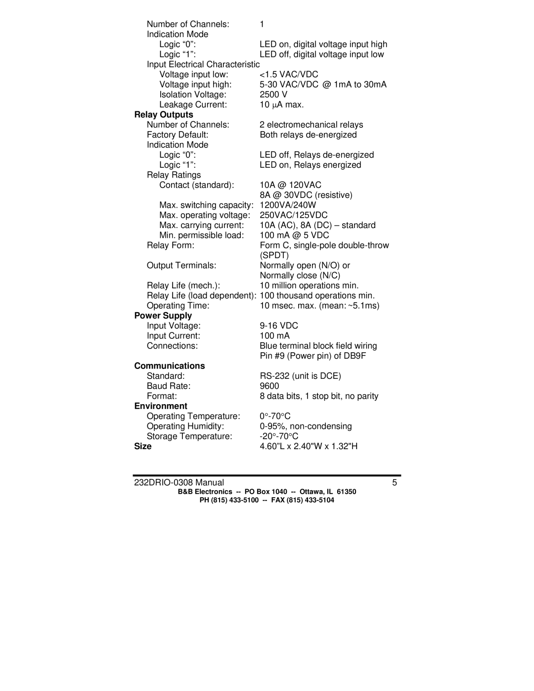B&B Electronics 232DRIO manual Relay Outputs, Power Supply, Communications, Environment, Size 