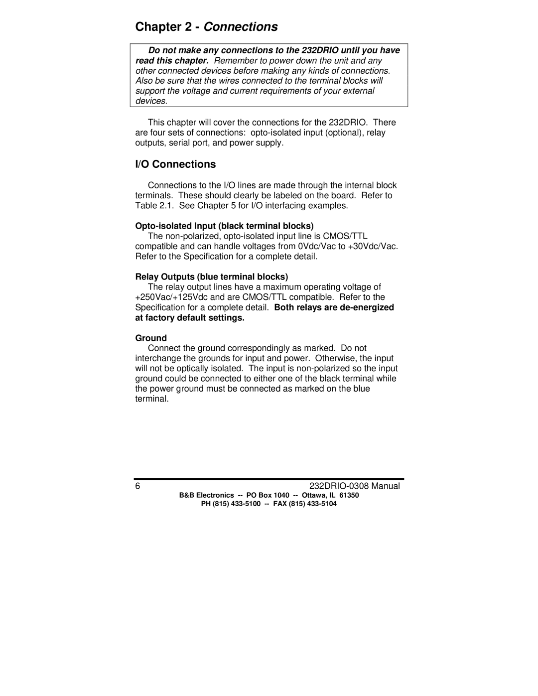 B&B Electronics 232DRIO Connections, Opto-isolated Input black terminal blocks, Relay Outputs blue terminal blocks, Ground 