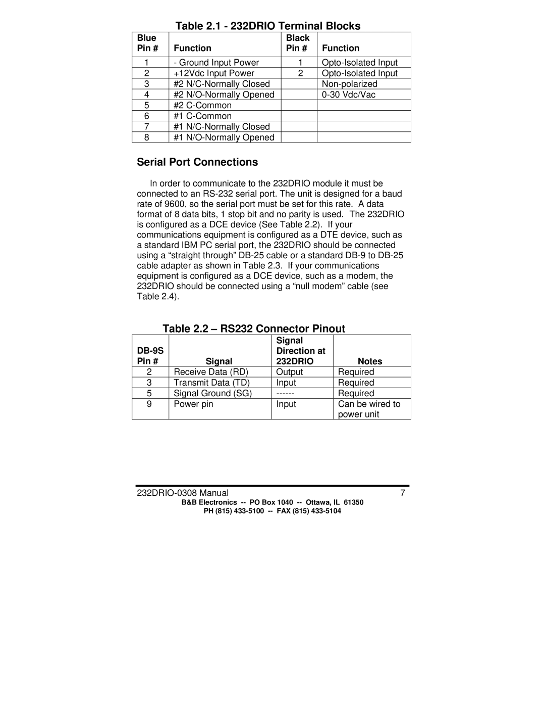 B&B Electronics manual 232DRIO Terminal Blocks, Serial Port Connections, RS232 Connector Pinout 