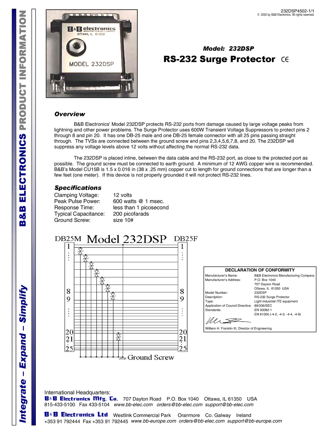 B&B Electronics 232DSP specifications Integrate Expand Simplify, Declaration of Conformity, Overview 