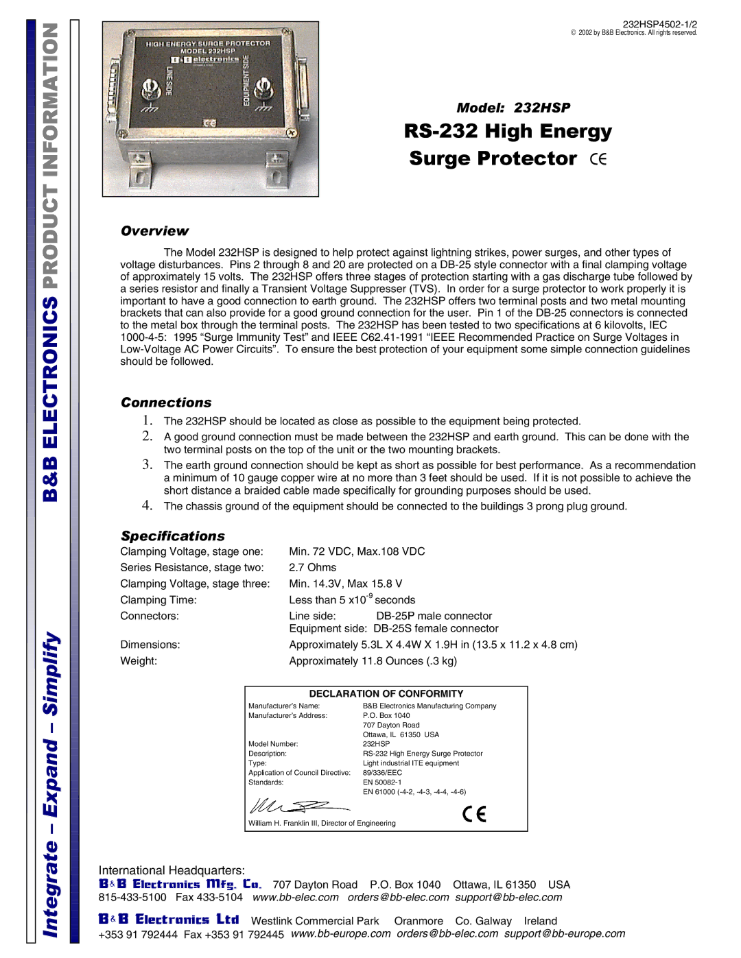 B&B Electronics specifications RS-232 High Energy Surge Protector CE, Model 232HSP, Overview, Connections 