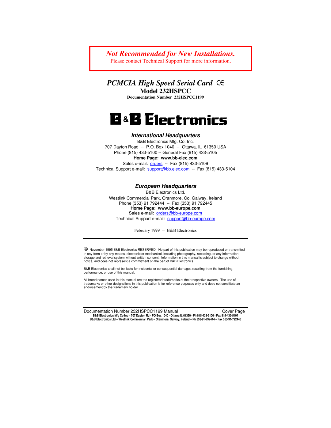 B&B Electronics 232HSPCC manual Not Recommended for New Installations 