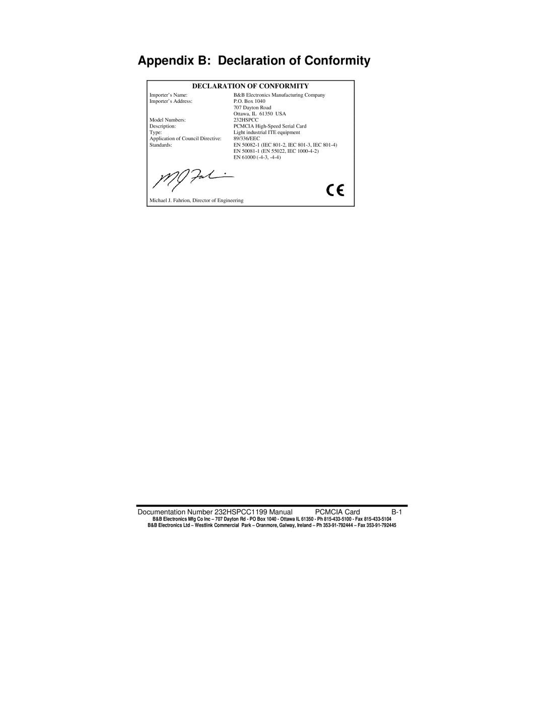 B&B Electronics 232HSPCC manual Appendix B Declaration of Conformity 