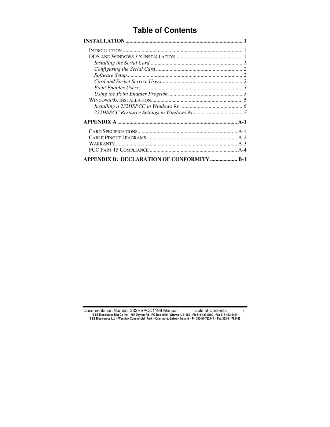 B&B Electronics 232HSPCC manual Table of Contents 