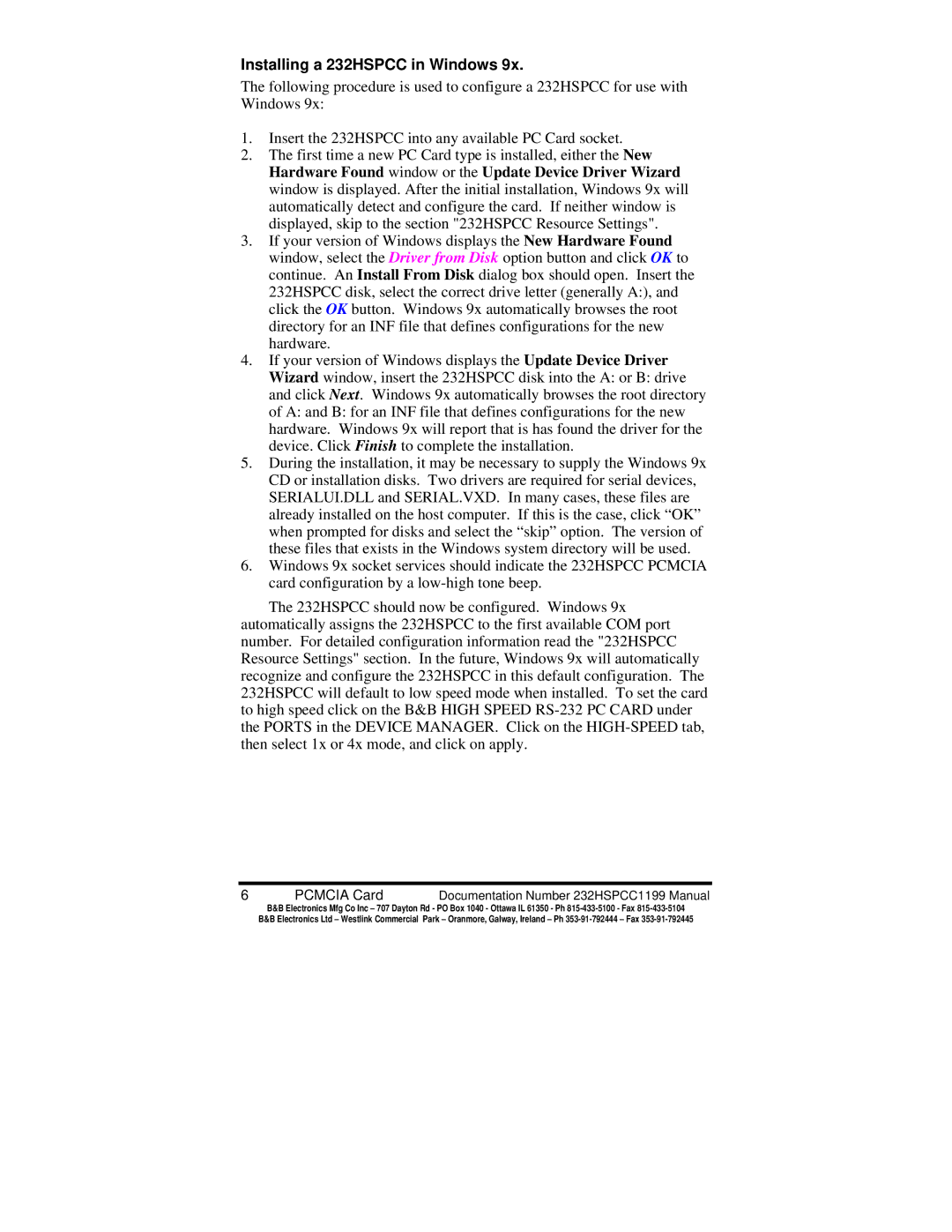 B&B Electronics manual Installing a 232HSPCC in Windows 