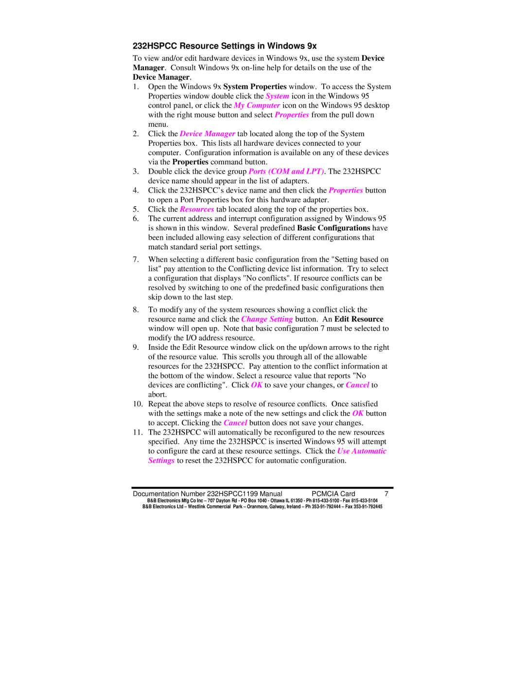 B&B Electronics manual 232HSPCC Resource Settings in Windows 