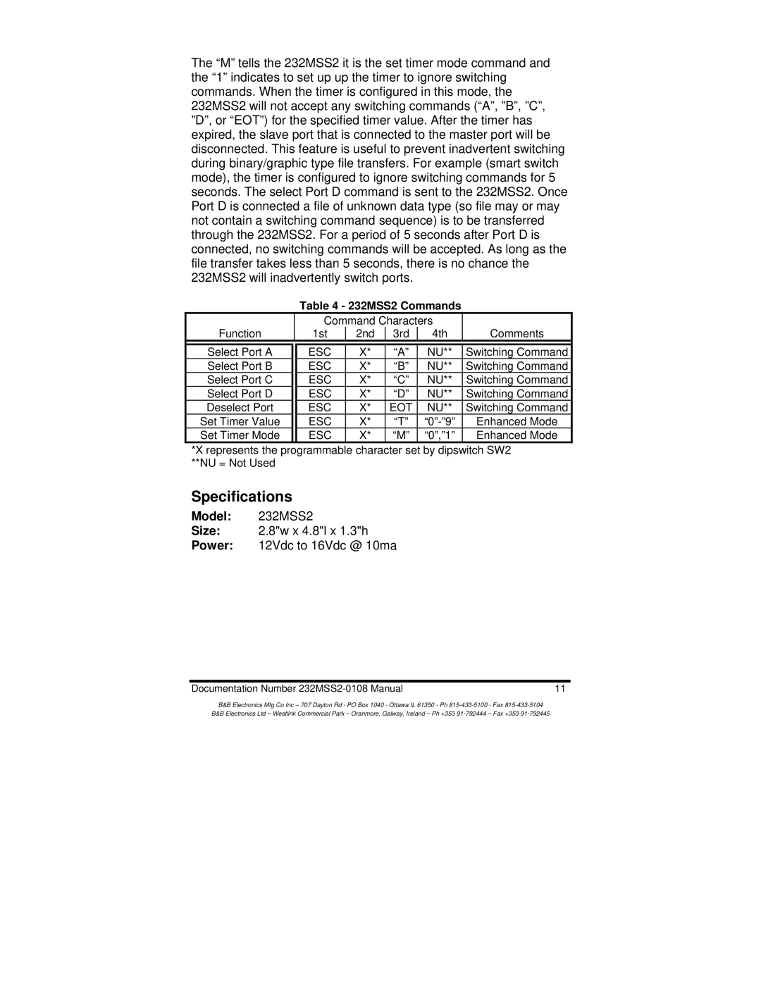 B&B Electronics manual Specifications, Model 232MSS2 