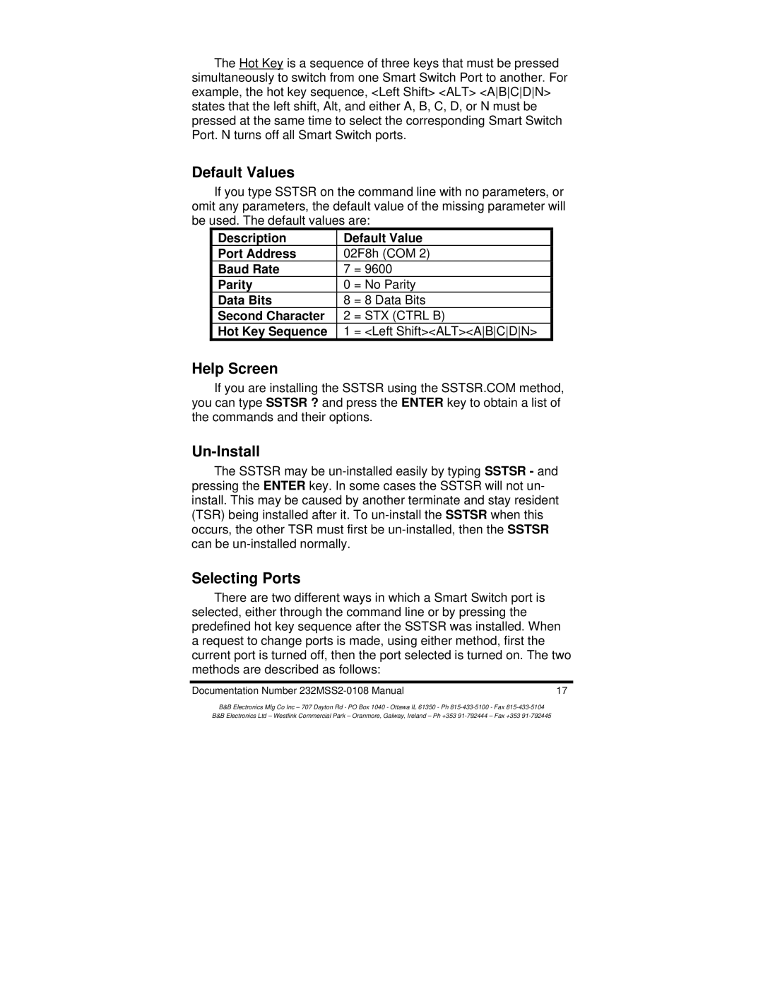 B&B Electronics 232MSS2 manual Default Values, Help Screen Un-Install, Selecting Ports 