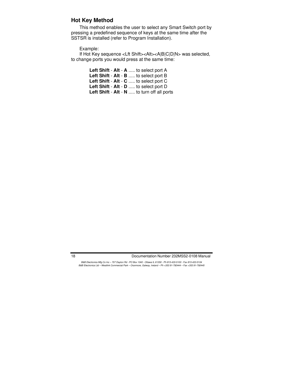 B&B Electronics 232MSS2 manual Hot Key Method 