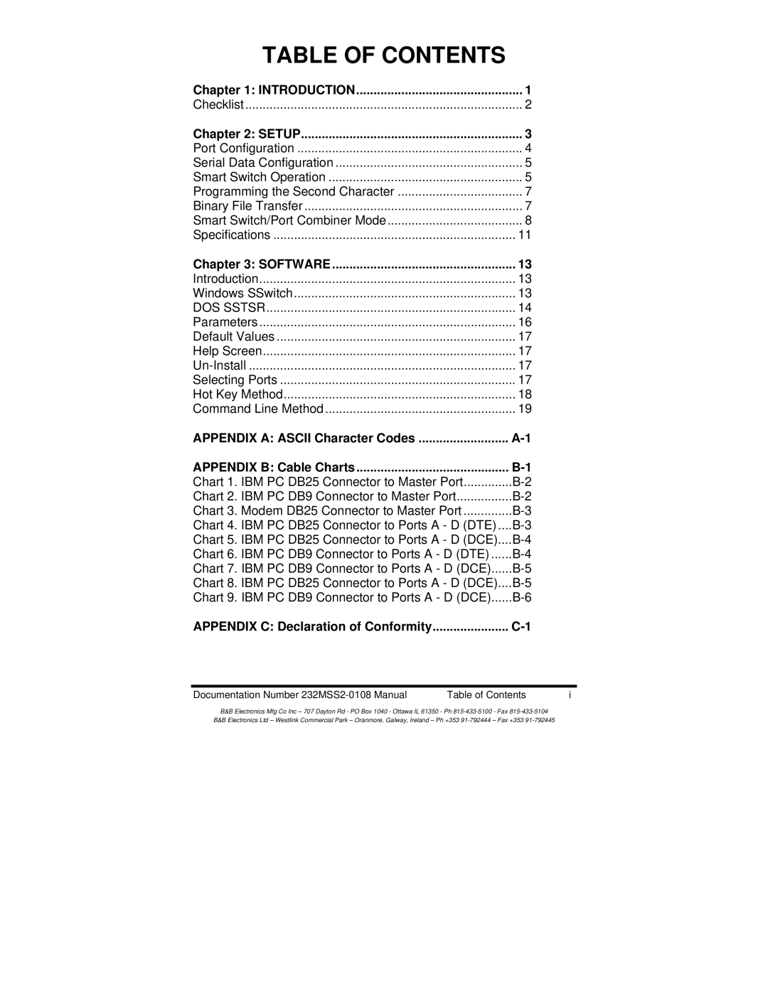 B&B Electronics 232MSS2 manual Table of Contents 