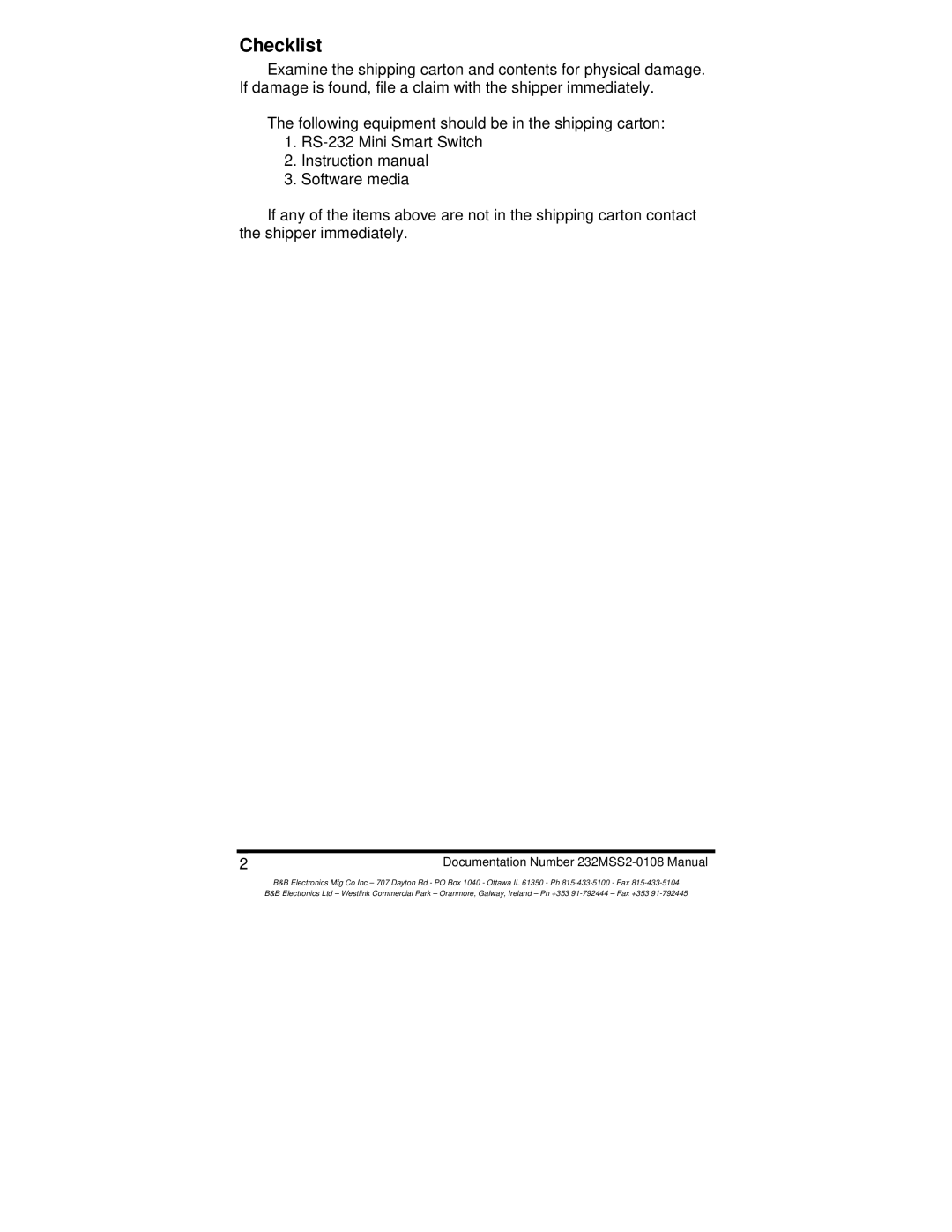 B&B Electronics 232MSS2 manual Checklist 