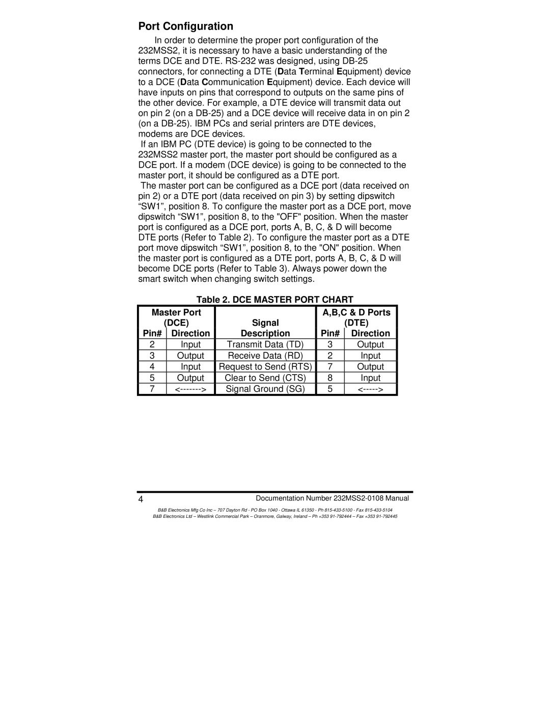 B&B Electronics 232MSS2 manual Port Configuration, DCE Master Port Chart C & D Ports, Pin# Direction Description 