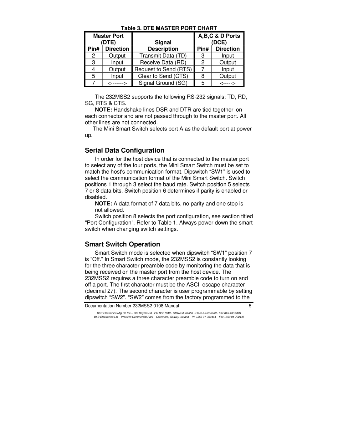 B&B Electronics 232MSS2 manual Serial Data Configuration, Smart Switch Operation, DTE Master Port Chart C & D Ports 