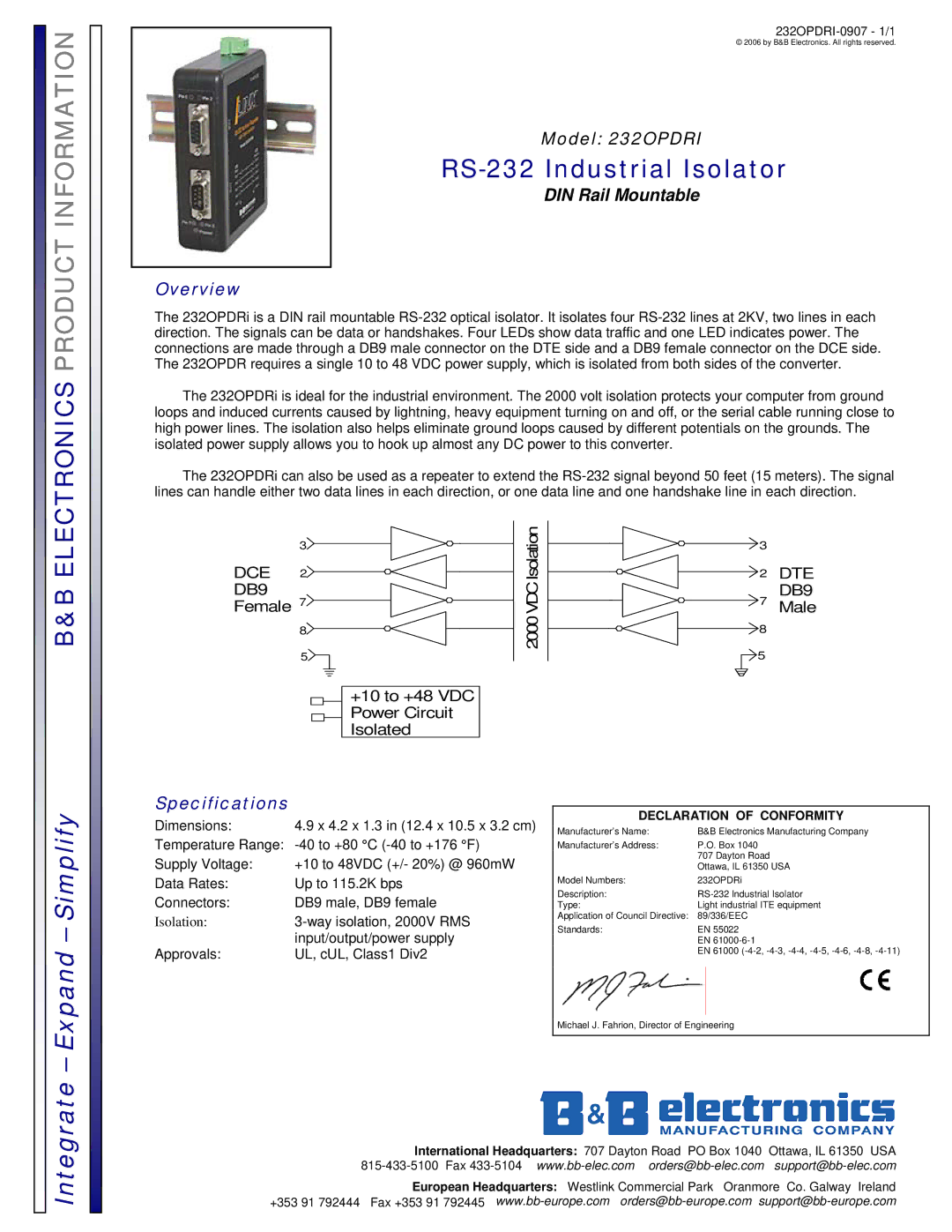 B&B Electronics 232OPDRI specifications Electronics Product Information, RS-232 Industrial Isolator, Overview 