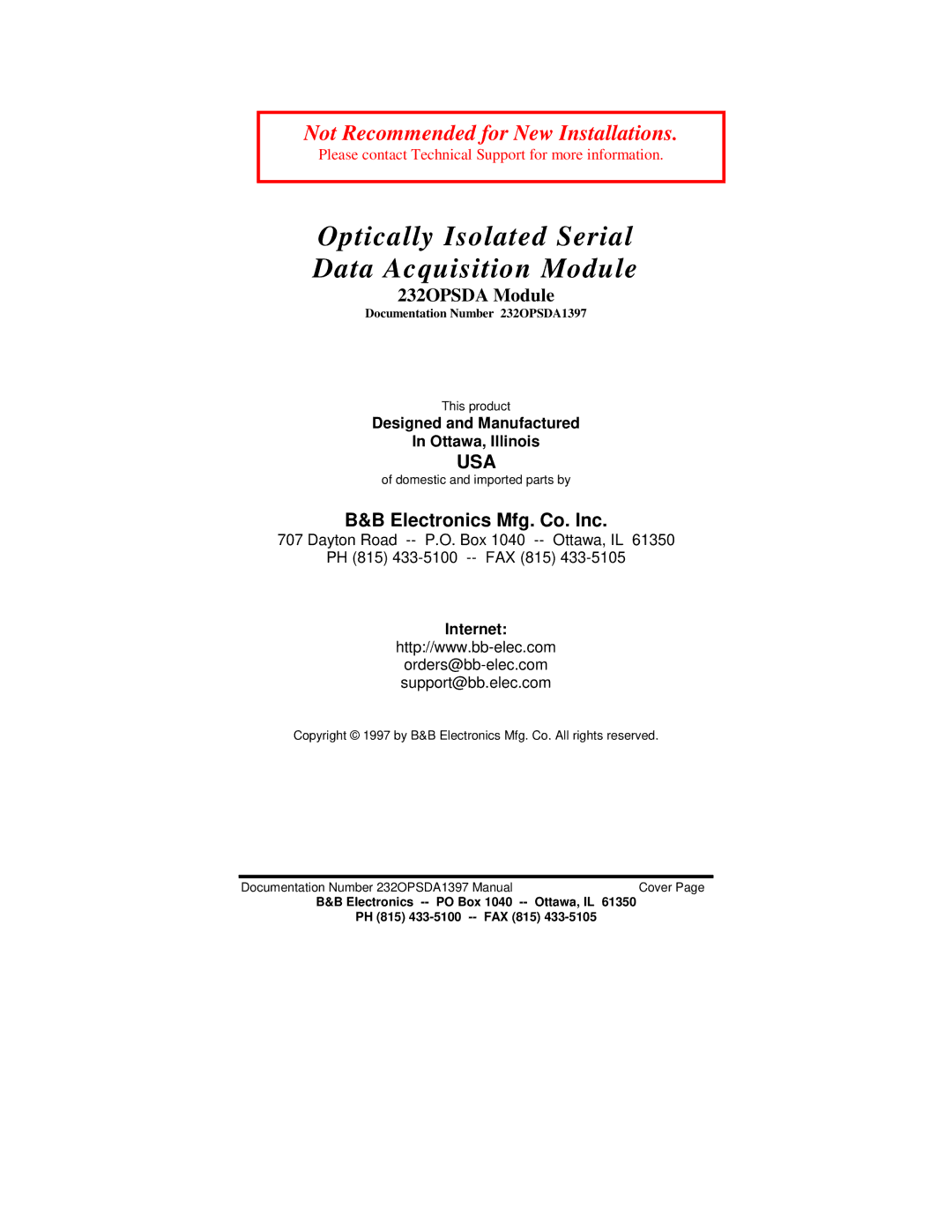 B&B Electronics 232OPSDA manual Electronics Mfg. Co. Inc, Designed and Manufactured Ottawa, Illinois, Internet 