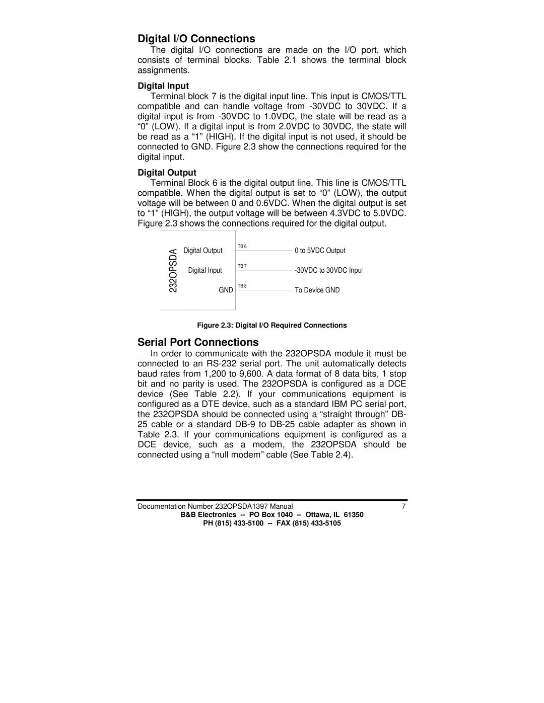 B&B Electronics 232OPSDA manual Digital I/O Connections, Serial Port Connections 