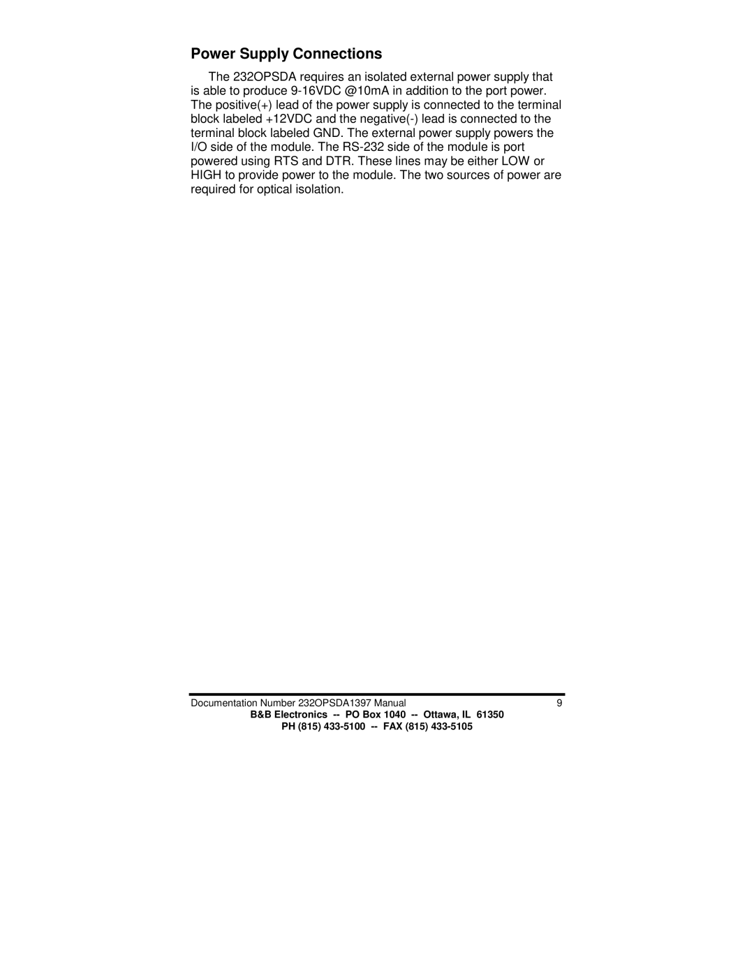 B&B Electronics 232OPSDA manual Power Supply Connections 