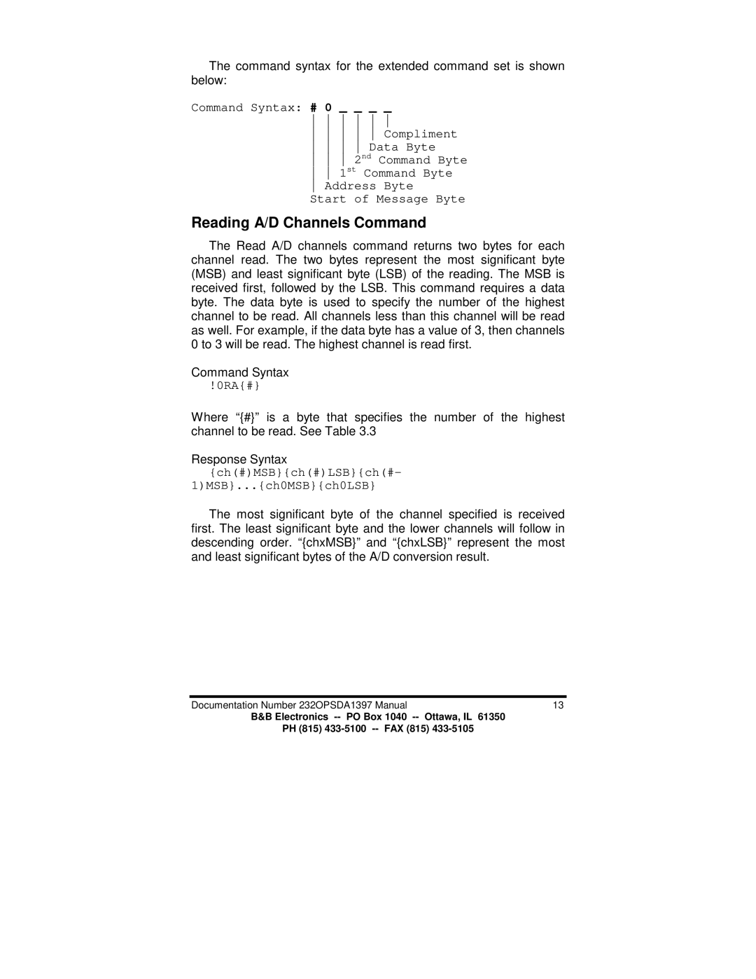 B&B Electronics 232OPSDA manual Reading A/D Channels Command 