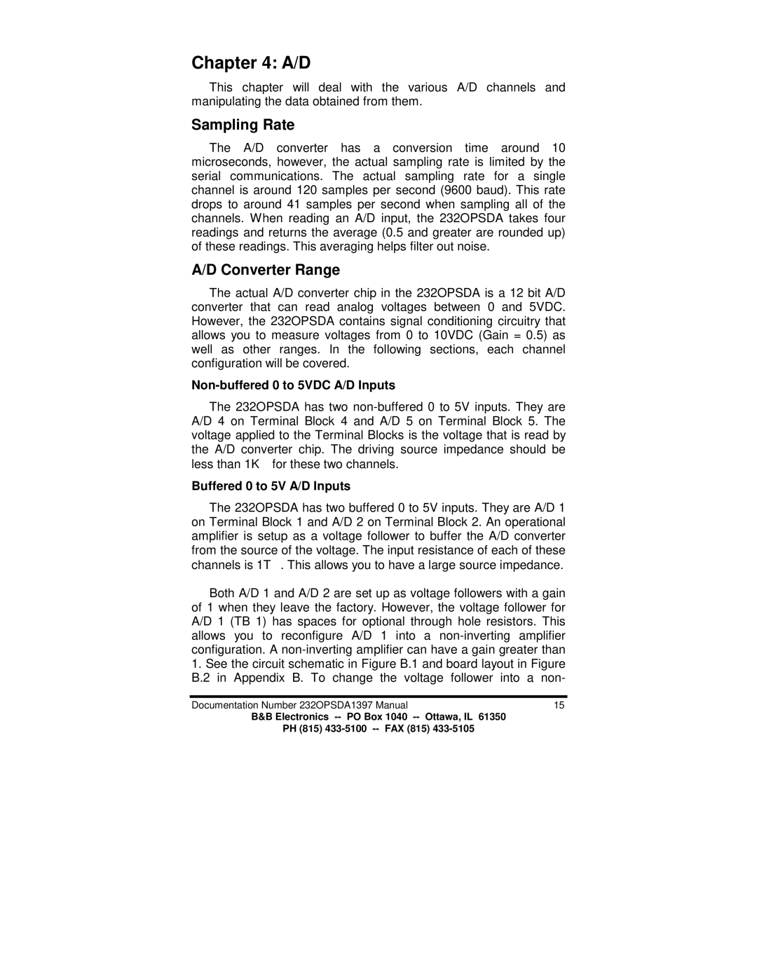 B&B Electronics 232OPSDA Sampling Rate, Converter Range, Non-buffered 0 to 5VDC A/D Inputs, Buffered 0 to 5V A/D Inputs 