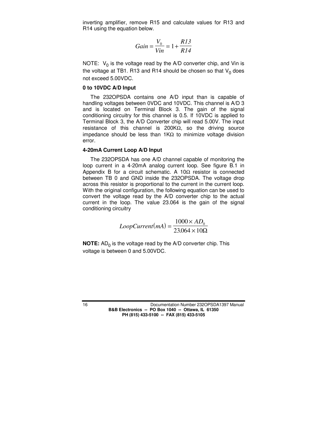 B&B Electronics 232OPSDA manual To 10VDC A/D Input, 20mA Current Loop A/D Input 