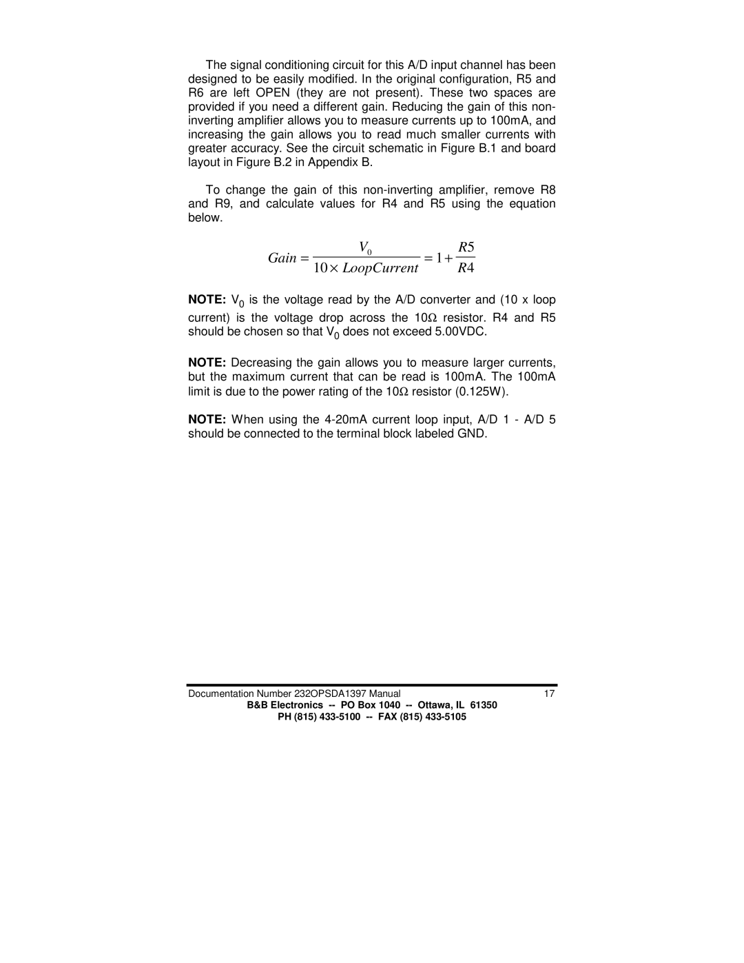 B&B Electronics 232OPSDA manual Gain = 