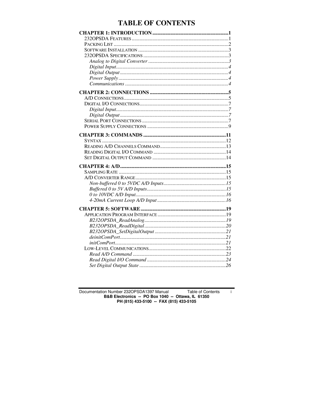 B&B Electronics 232OPSDA manual Table of Contents 