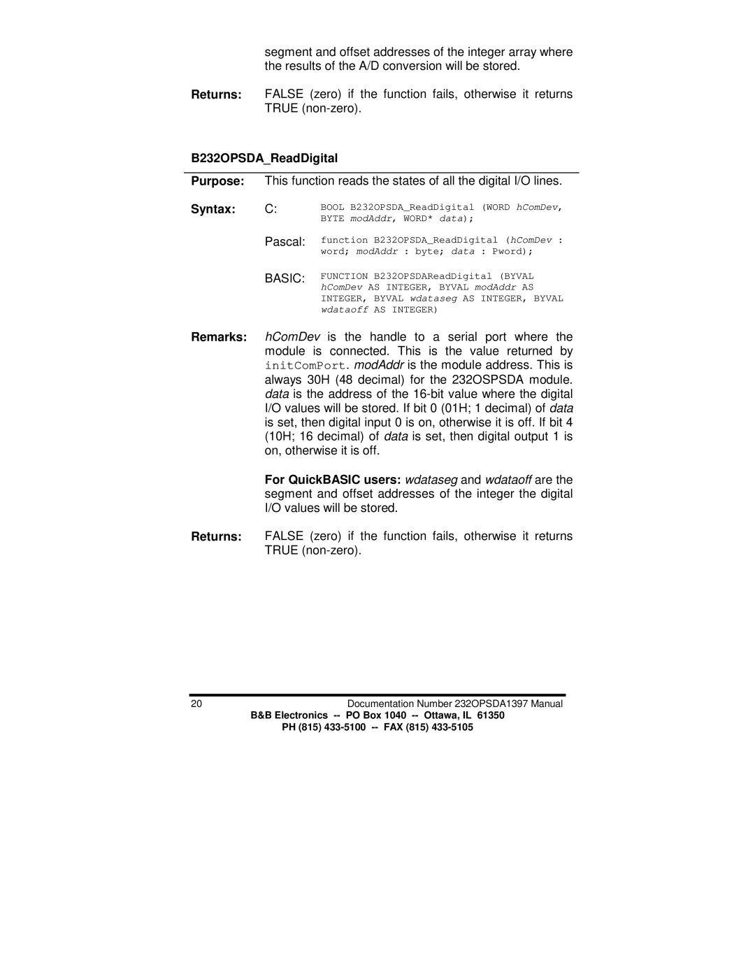 B&B Electronics manual B232OPSDAReadDigital, Syntax C 