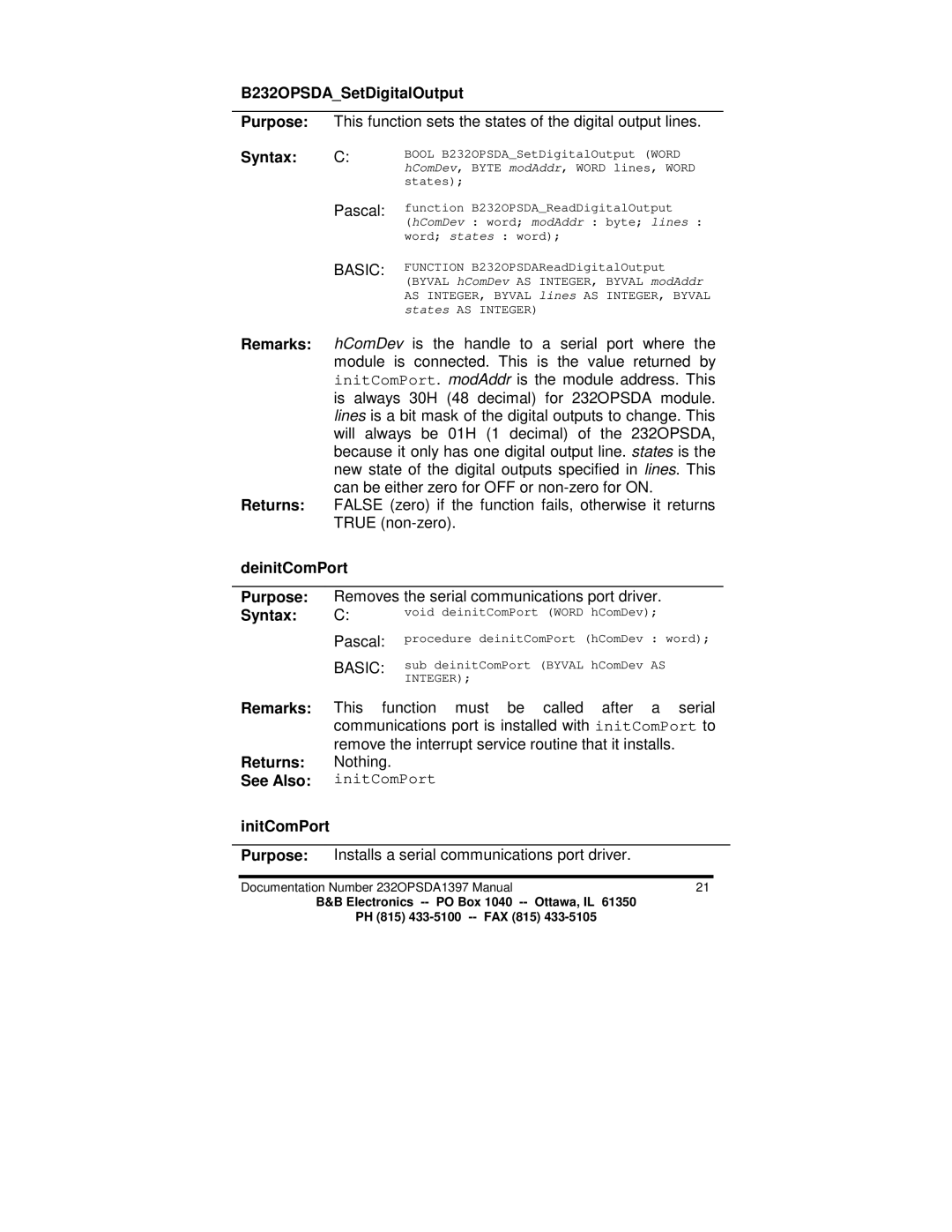 B&B Electronics manual B232OPSDASetDigitalOutput, Returns, DeinitComPort Purpose, See Also, InitComPort 