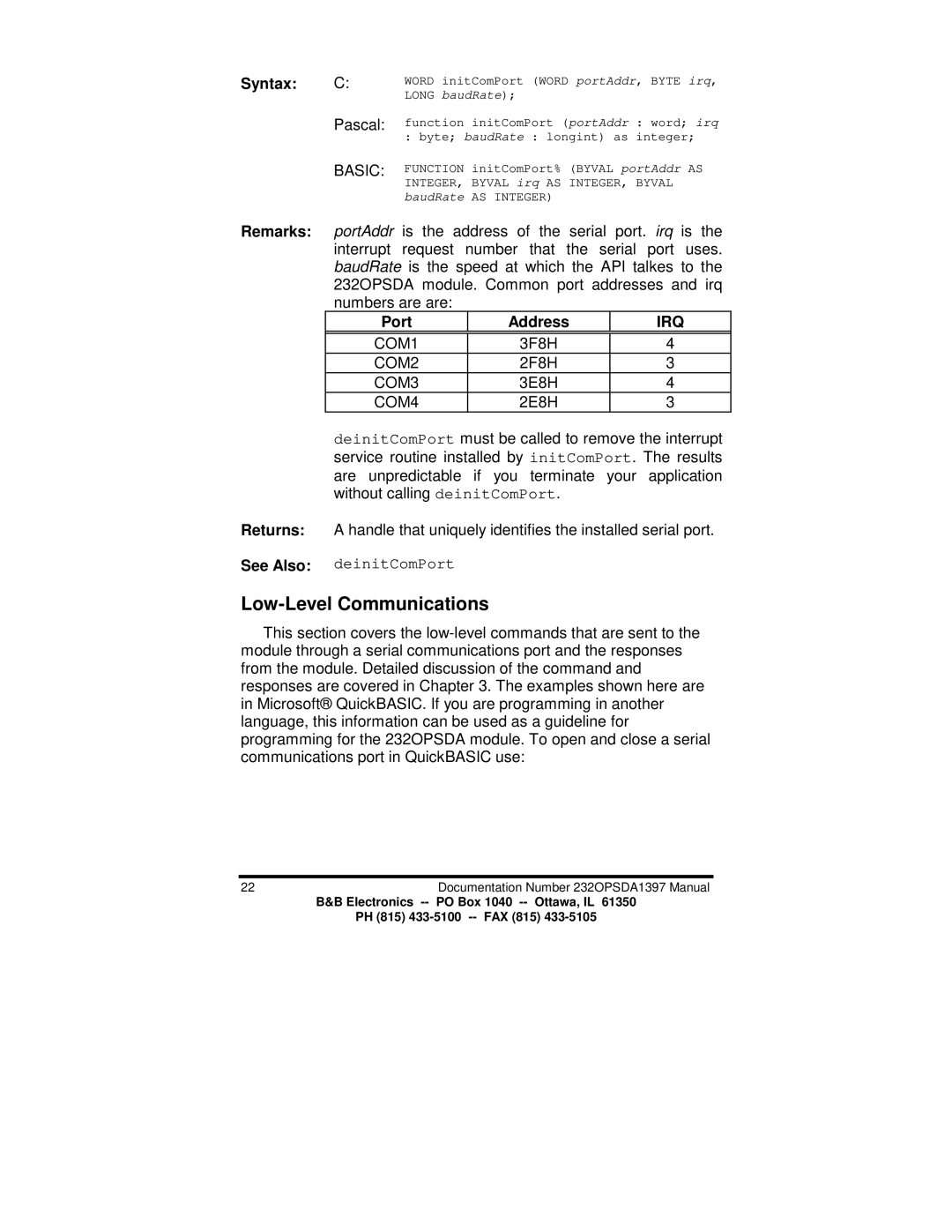 B&B Electronics 232OPSDA manual Low-Level Communications, Port Address, Returns See Also, DeinitComPort 