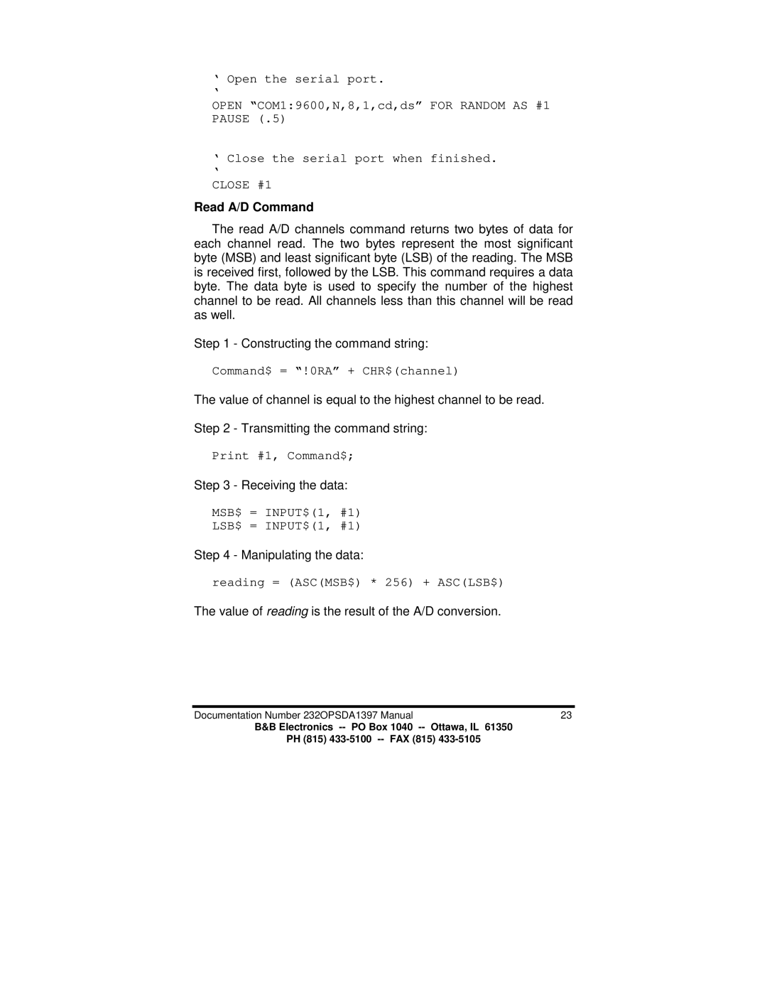 B&B Electronics 232OPSDA manual Read A/D Command, Command$ = !0RA + CHR$channel, Print #1, Command$ 