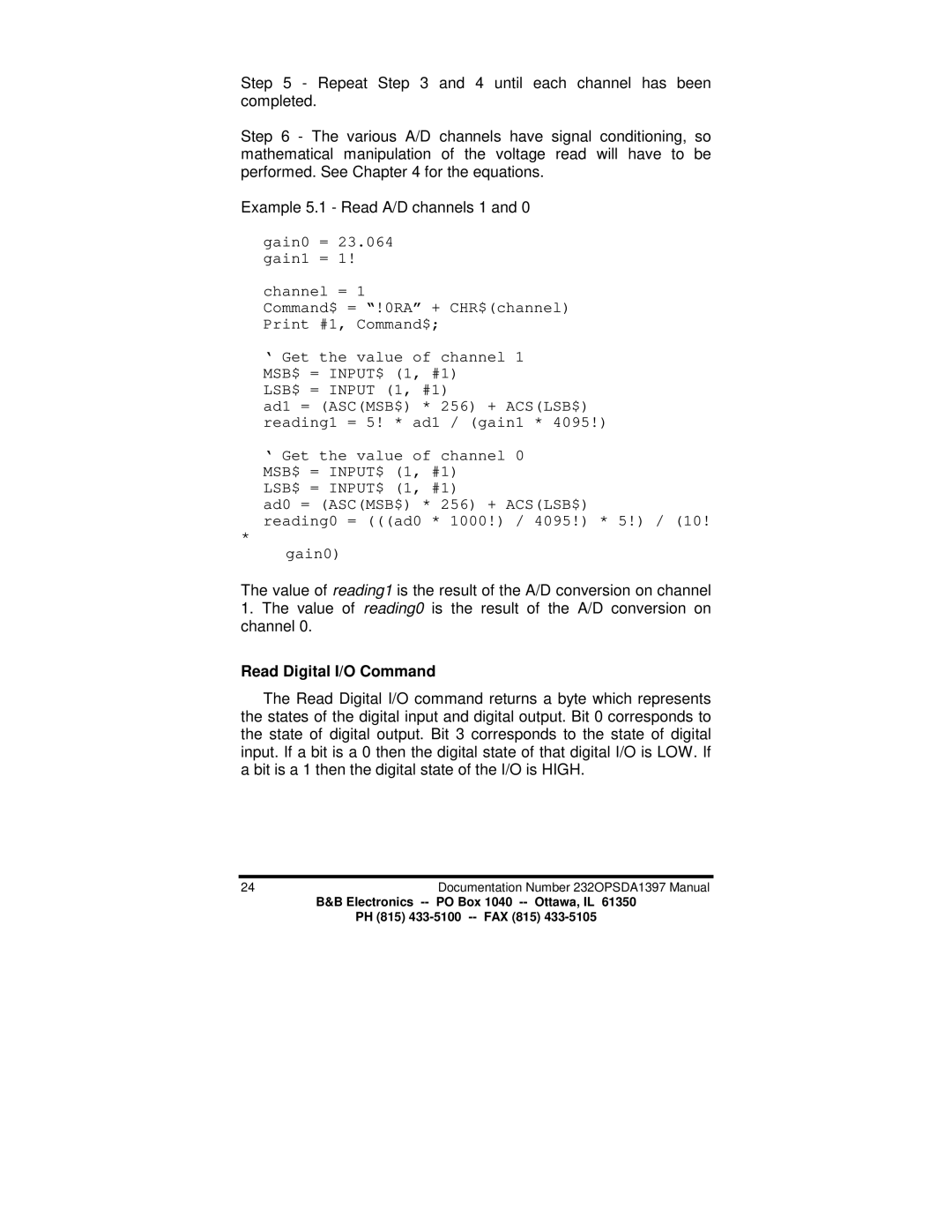 B&B Electronics 232OPSDA manual Read Digital I/O Command 