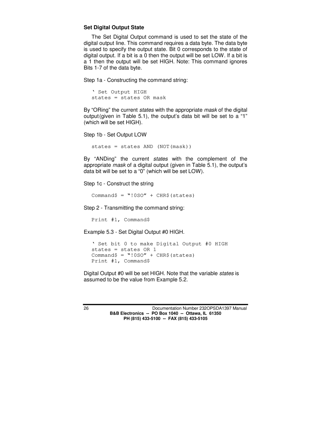 B&B Electronics 232OPSDA Set Digital Output State, ‘ Set Output High states = states or mask, States = states and NOTmask 