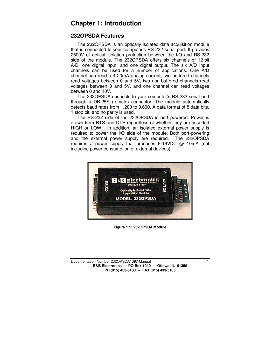 B&B Electronics manual Introduction, 232OPSDA Features 