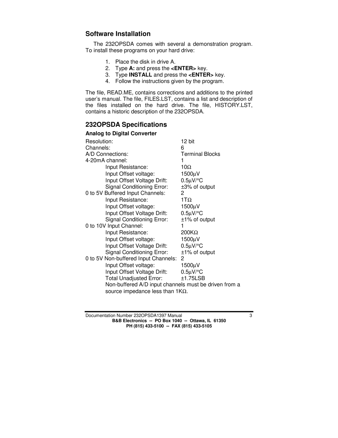 B&B Electronics manual Software Installation, 232OPSDA Specifications, Analog to Digital Converter 