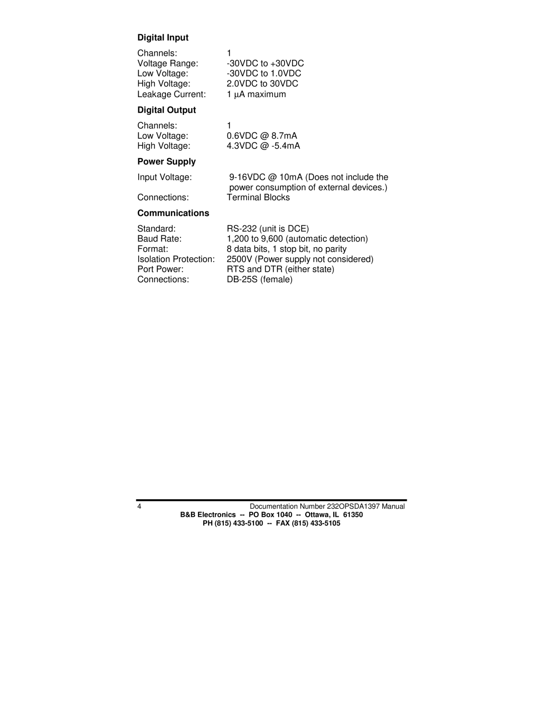 B&B Electronics 232OPSDA manual Digital Input, Digital Output, Power Supply, Communications 