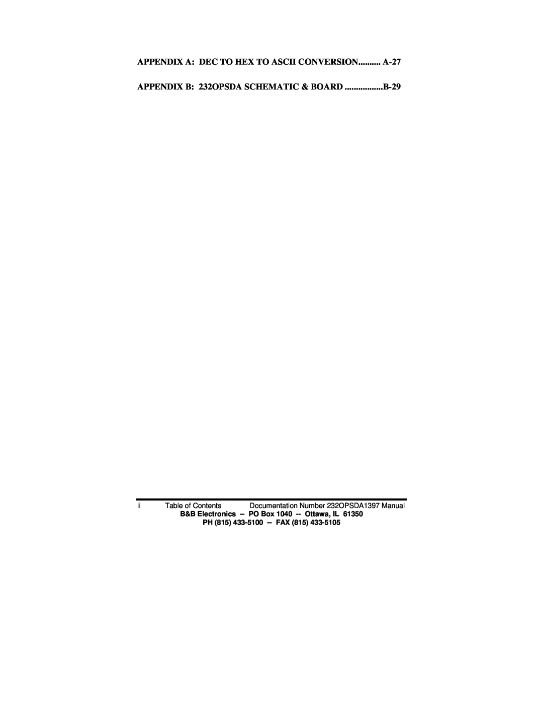 B&B Electronics manual Appendix A Dec To Hex To Ascii Conversion, A-27, APPENDIX B 232OPSDA SCHEMATIC & BOARD, B-29 