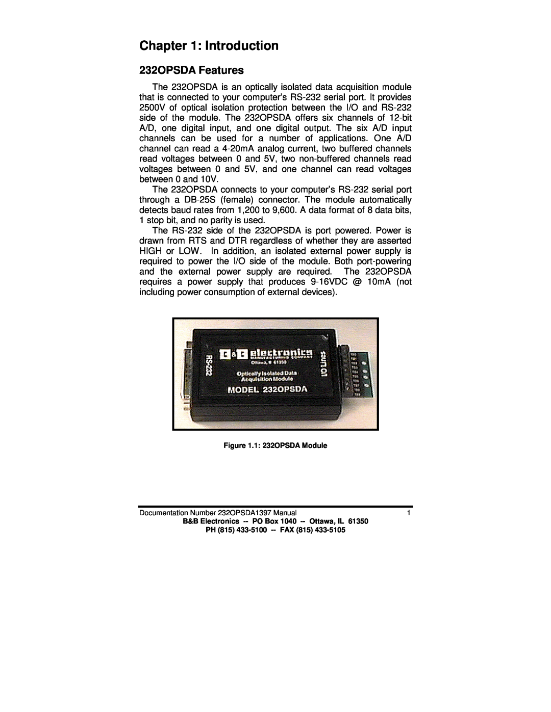 B&B Electronics manual Introduction, 232OPSDA Features 