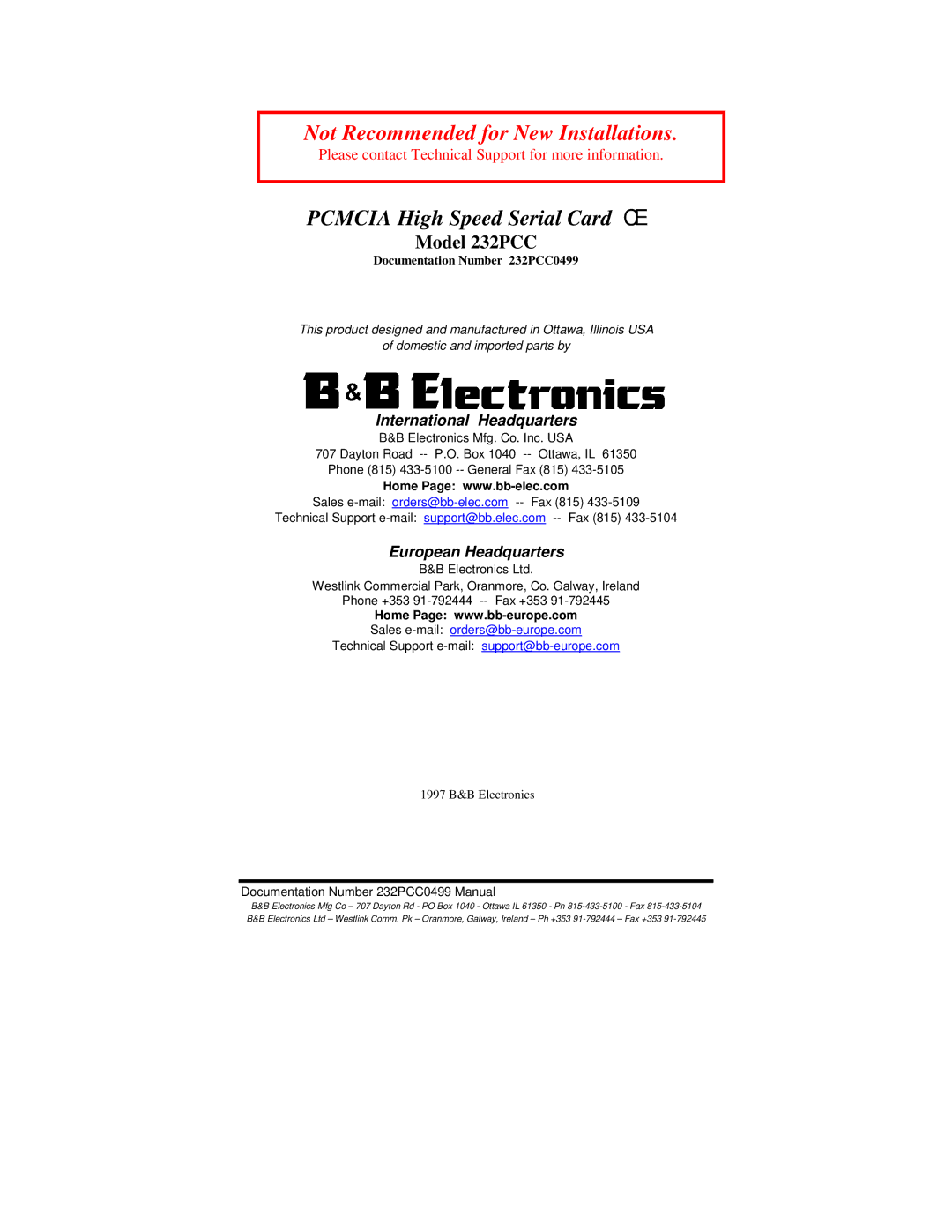 B&B Electronics 232PCC manual Not Recommended for New Installations 