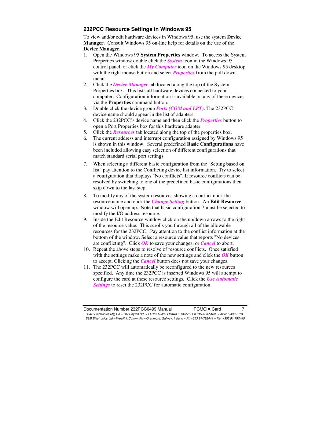 B&B Electronics manual 232PCC Resource Settings in Windows 