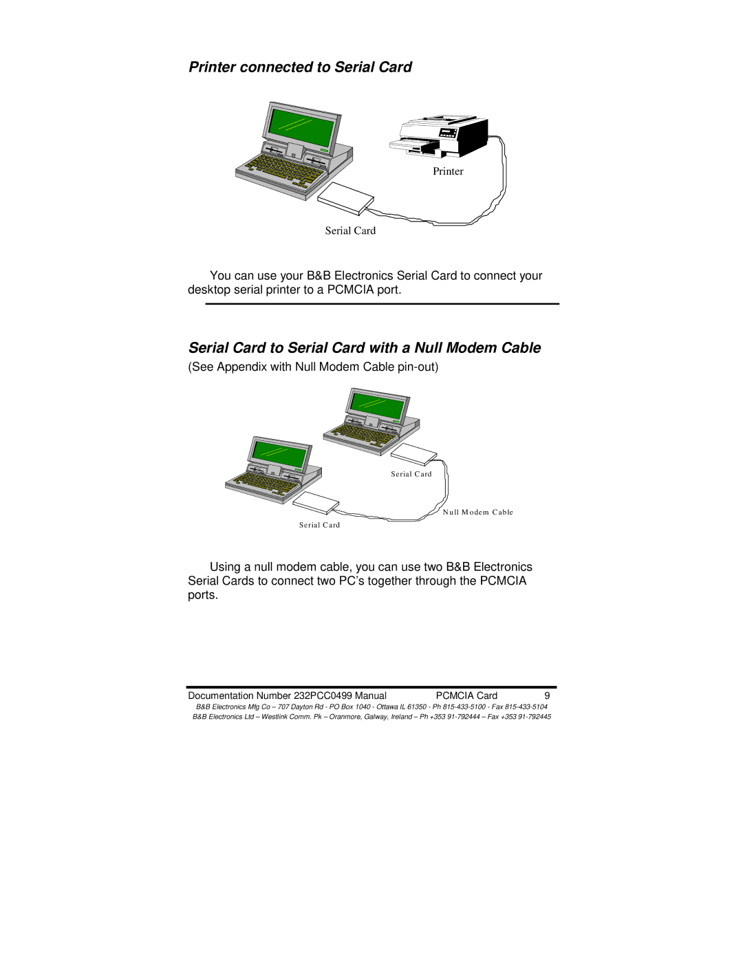 B&B Electronics 232PCC manual Printer connected to Serial Card, Serial Card to Serial Card with a Null Modem Cable 