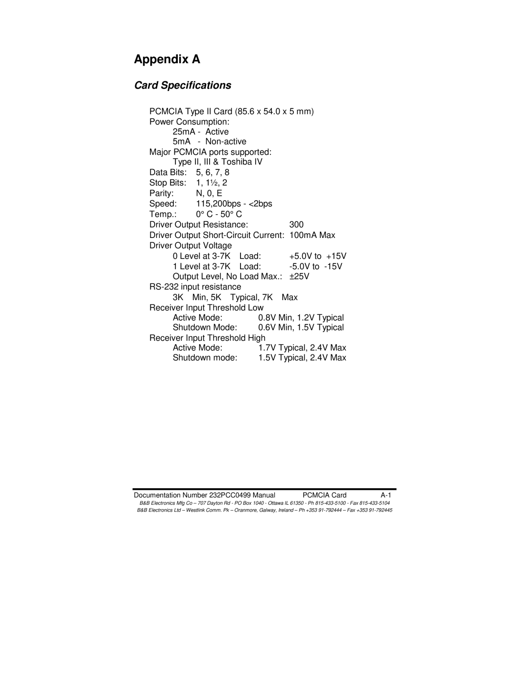 B&B Electronics 232PCC manual Appendix a, Card Specifications 