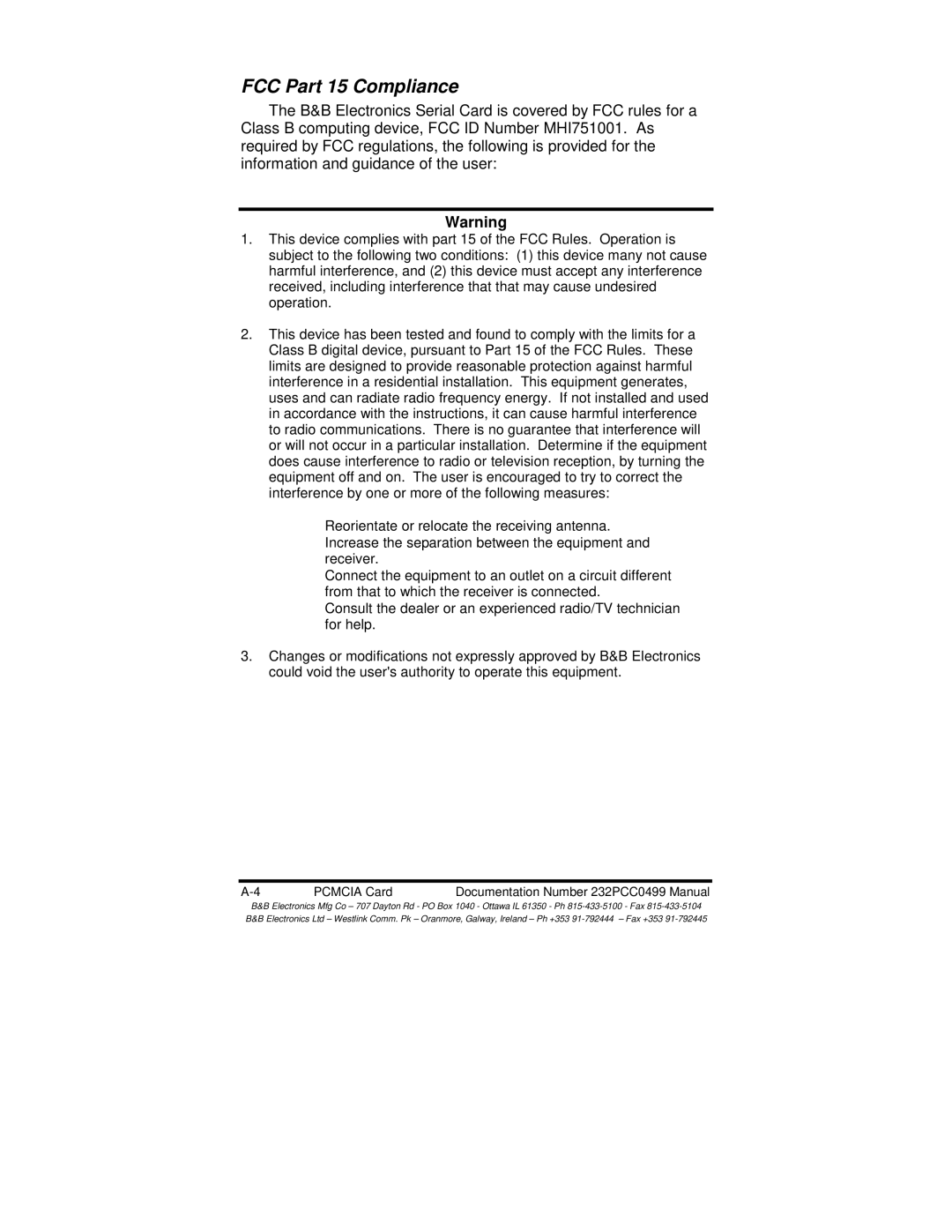 B&B Electronics 232PCC manual FCC Part 15 Compliance 