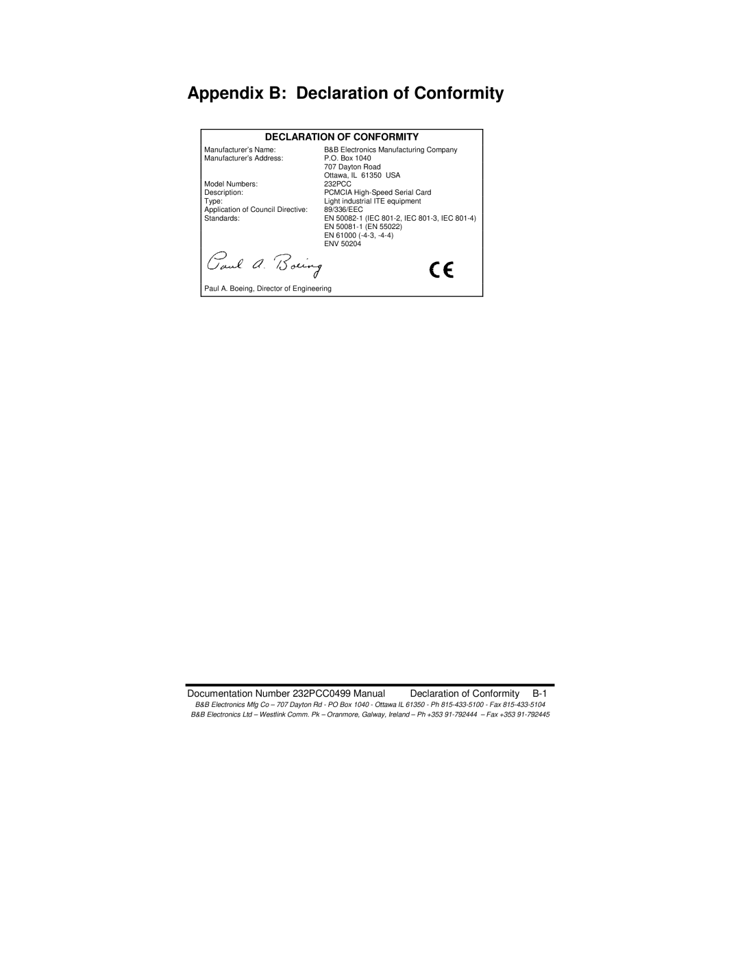 B&B Electronics 232PCC manual Appendix B Declaration of Conformity 