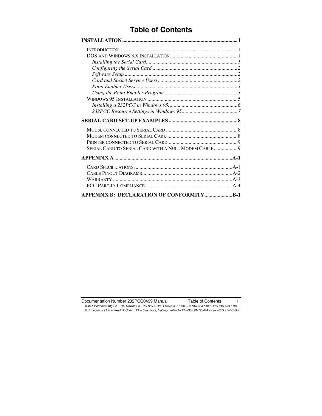 B&B Electronics 232PCC manual Table of Contents 