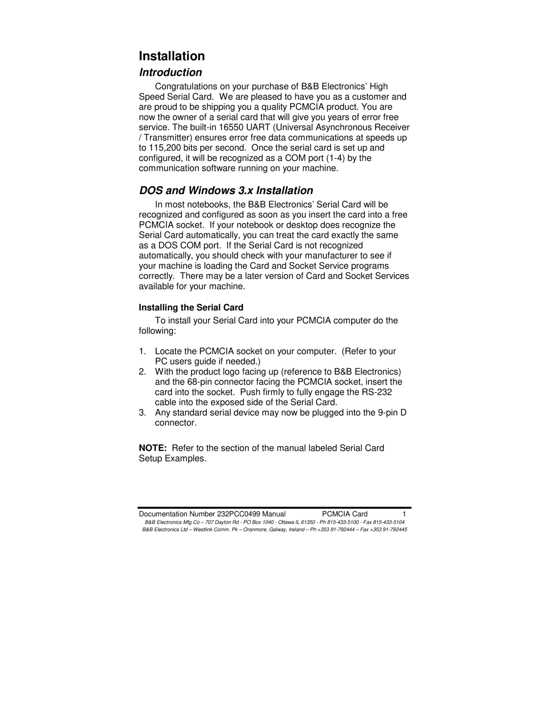 B&B Electronics 232PCC manual Introduction, DOS and Windows 3.x Installation, Installing the Serial Card 