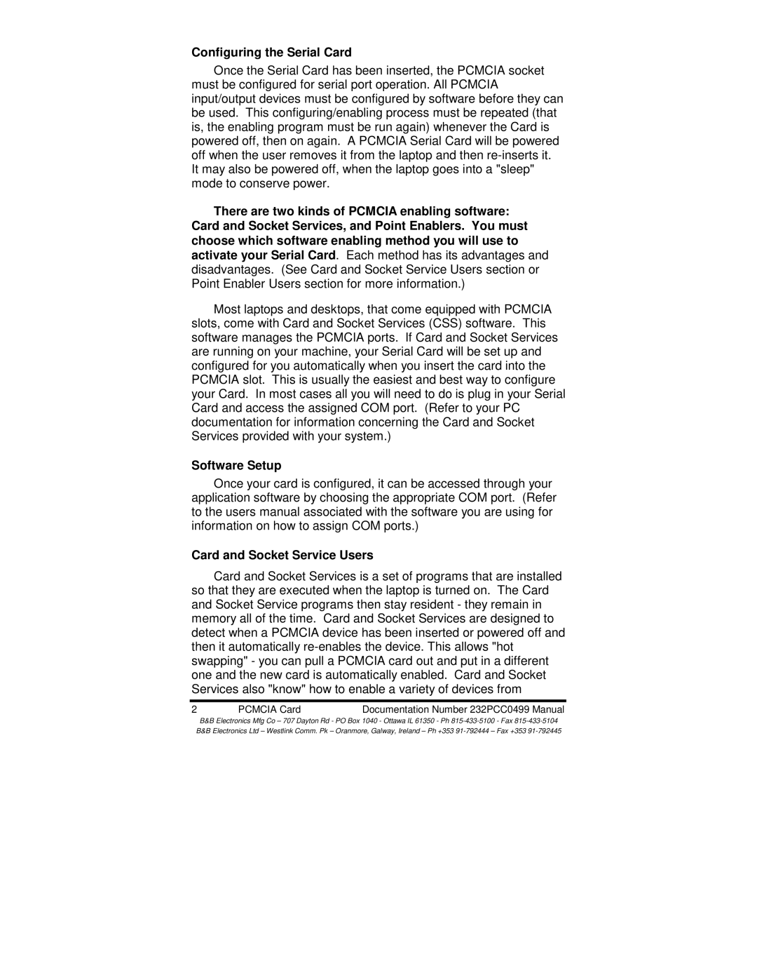 B&B Electronics 232PCC manual Configuring the Serial Card, Software Setup Card and Socket Service Users 